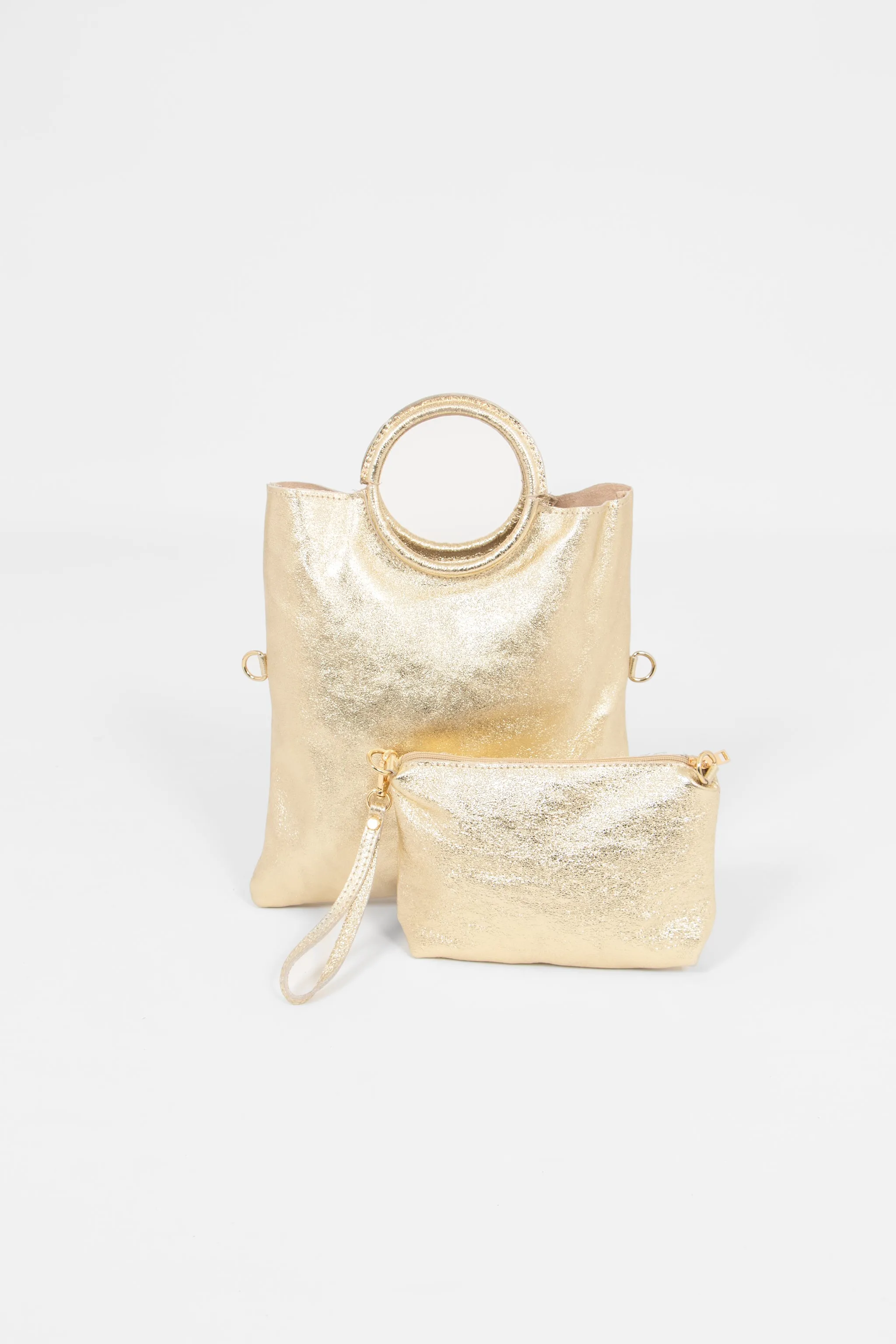 Rowan Italian Leather 2pc Crossbody Bag Set - Gold, Metallic