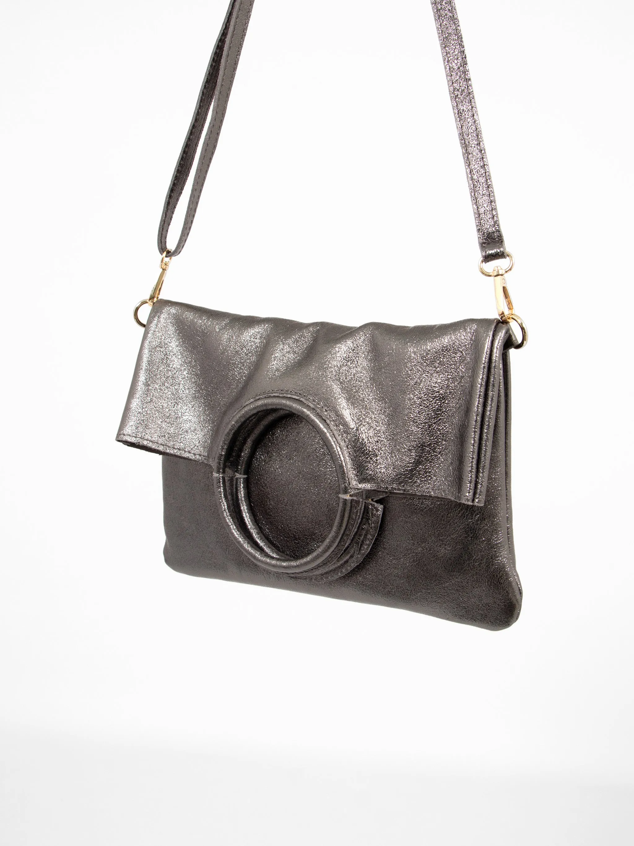 Rowan Italian Leather 2pc Crossbody Bag Set- Pewter, Metallic