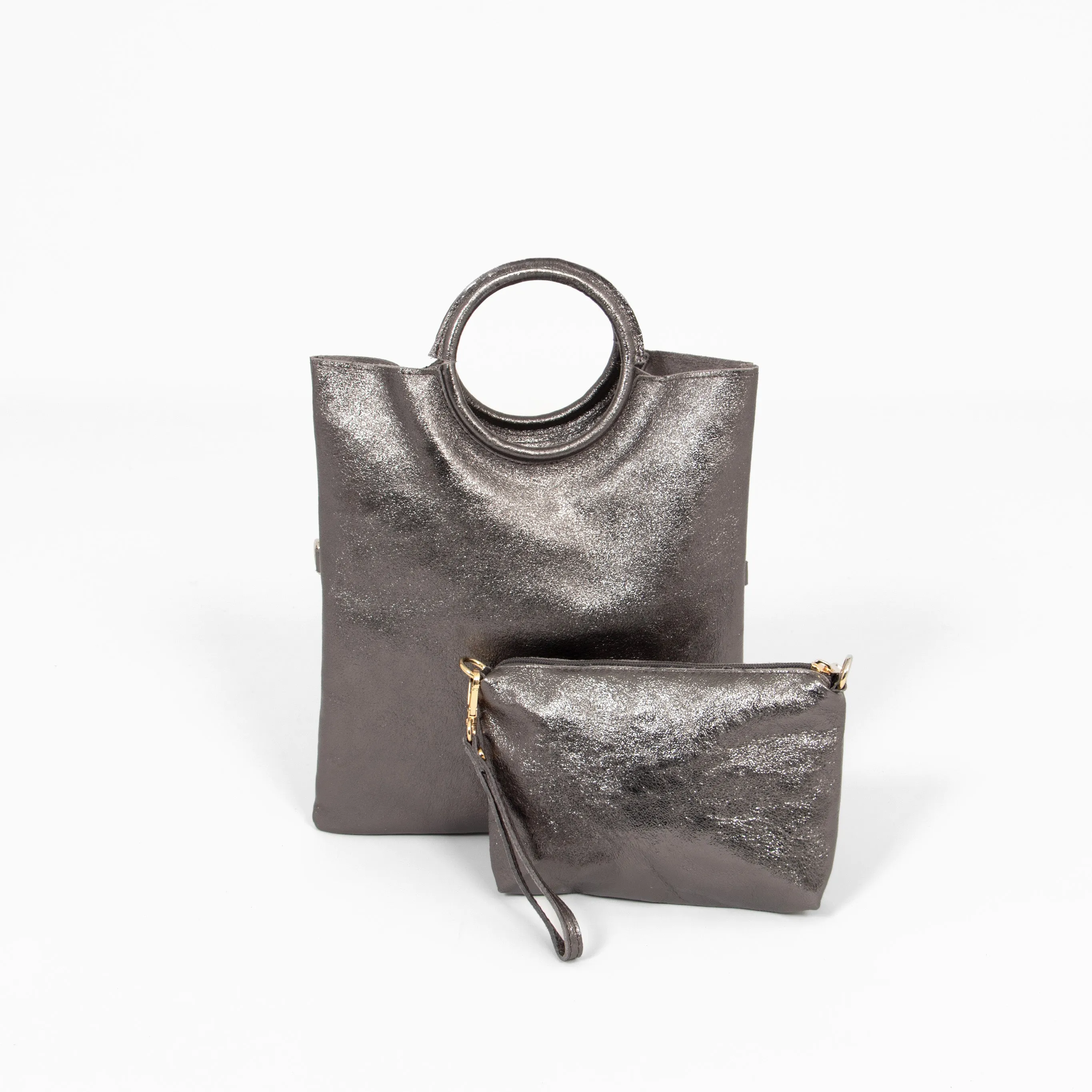 Rowan Italian Leather 2pc Crossbody Bag Set- Pewter, Metallic