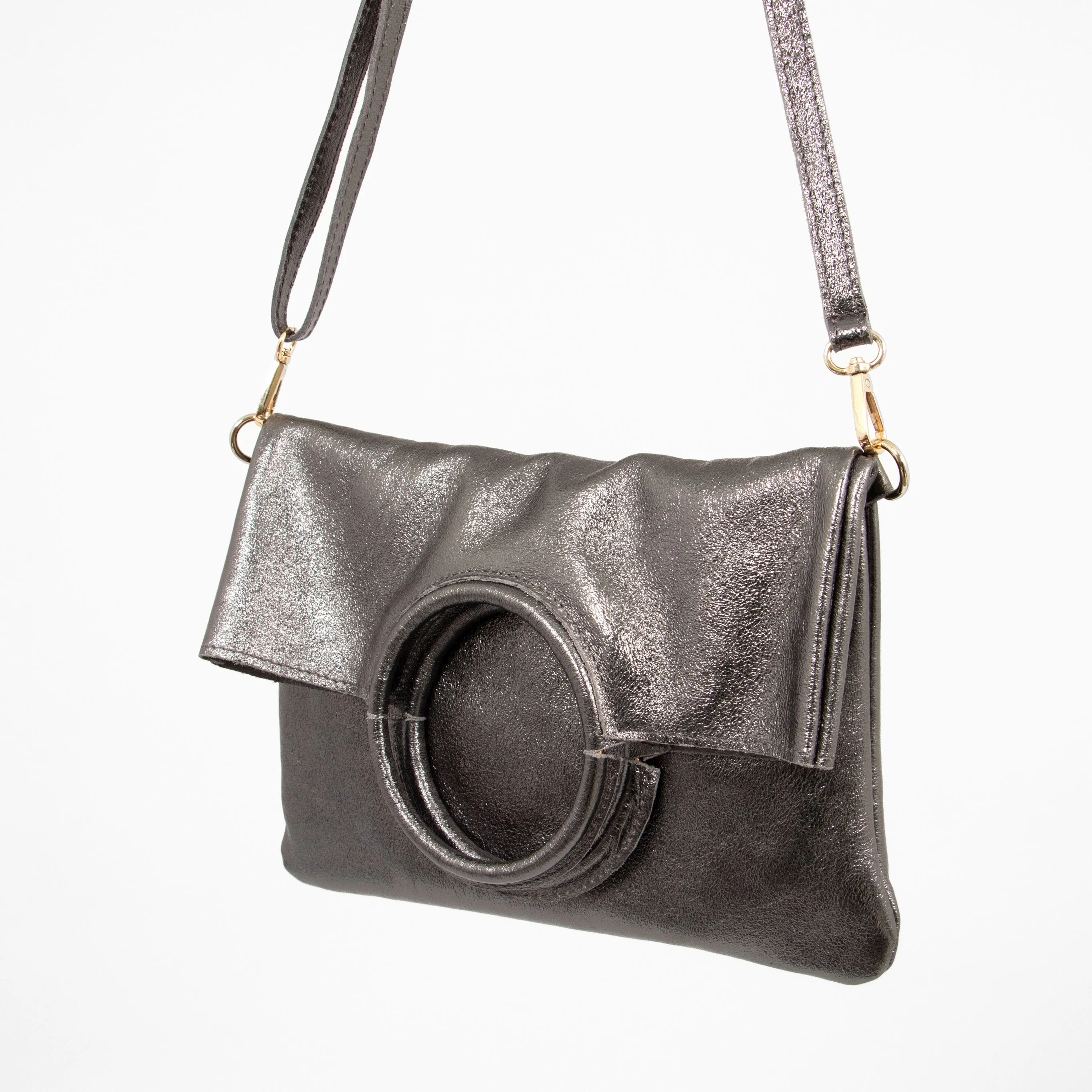 Rowan Italian Leather 2pc Crossbody Bag Set- Pewter, Metallic