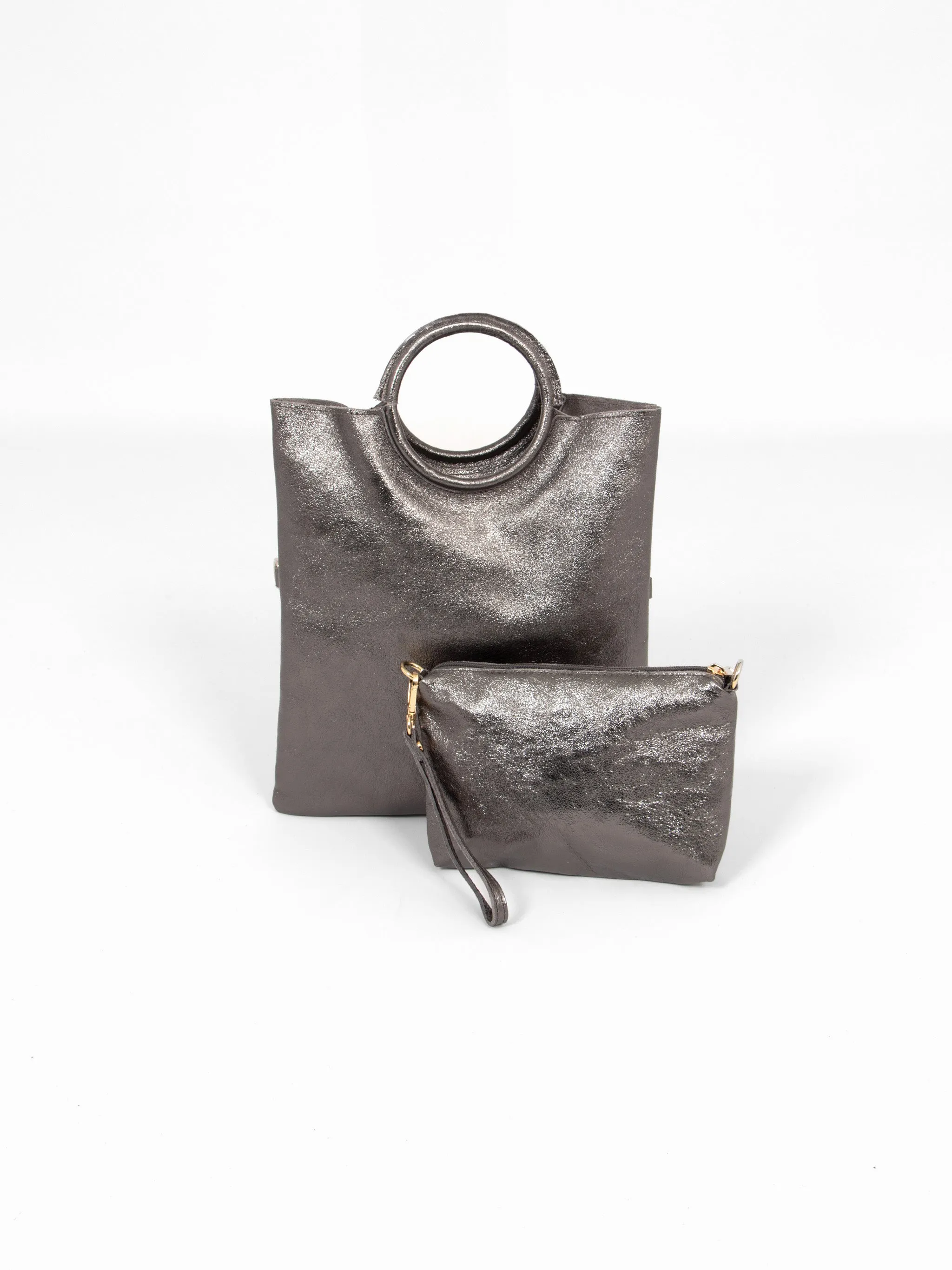 Rowan Italian Leather 2pc Crossbody Bag Set- Pewter, Metallic