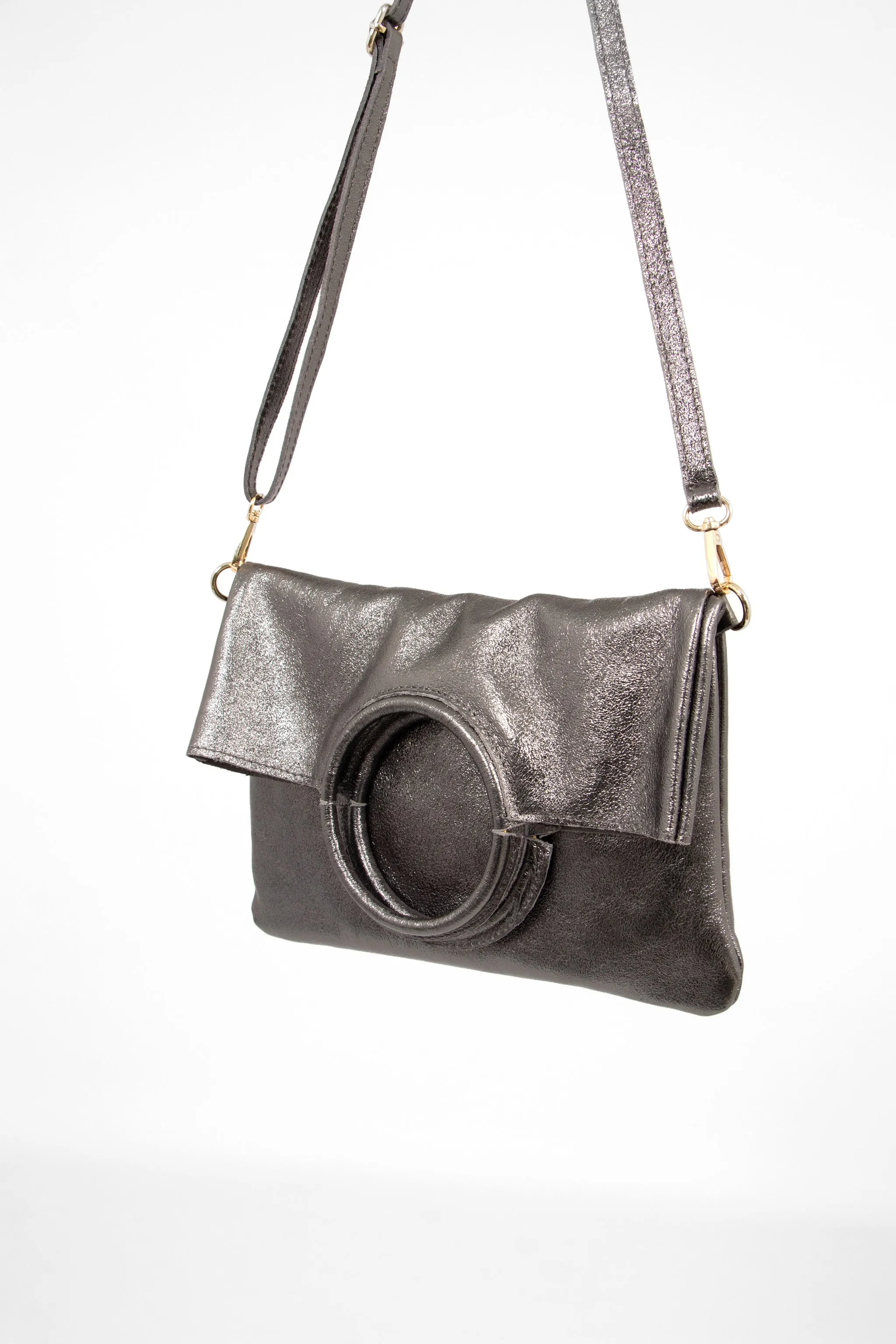 Rowan Italian Leather 2pc Crossbody Bag Set- Pewter, Metallic