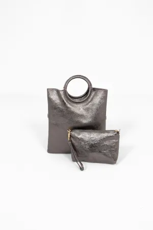 Rowan Italian Leather 2pc Crossbody Bag Set- Pewter, Metallic
