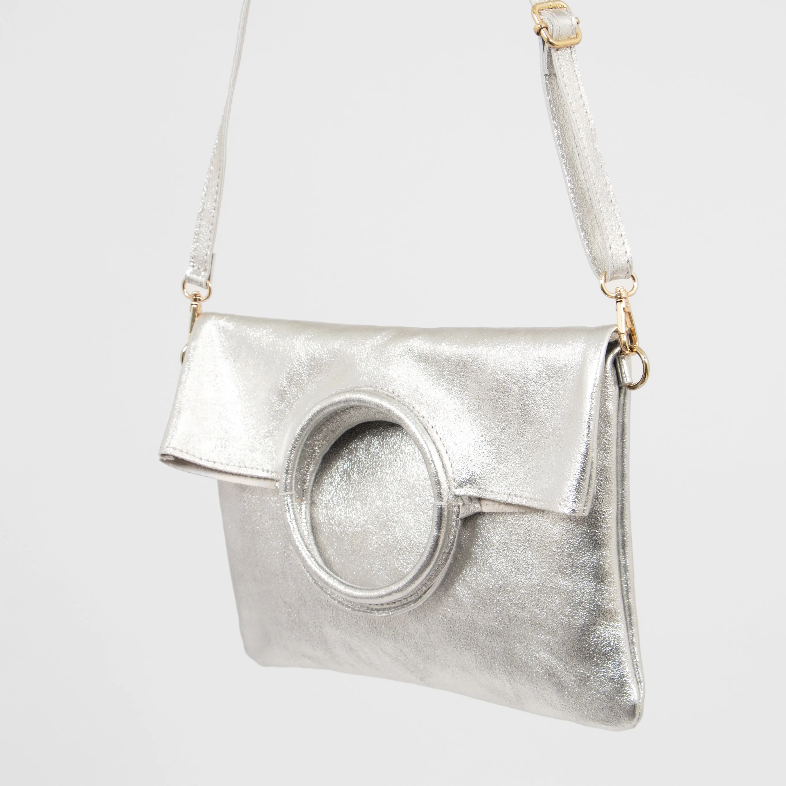 Rowan Italian Leather 2pc Crossbody Bag Set - Silver, Metallic
