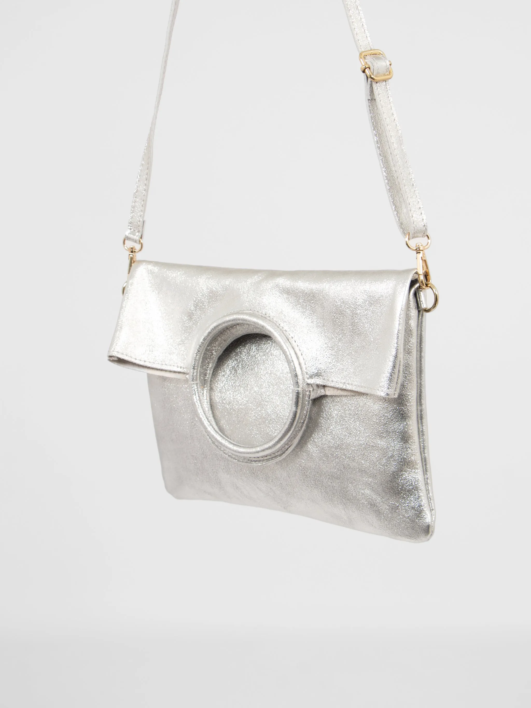 Rowan Italian Leather 2pc Crossbody Bag Set - Silver, Metallic