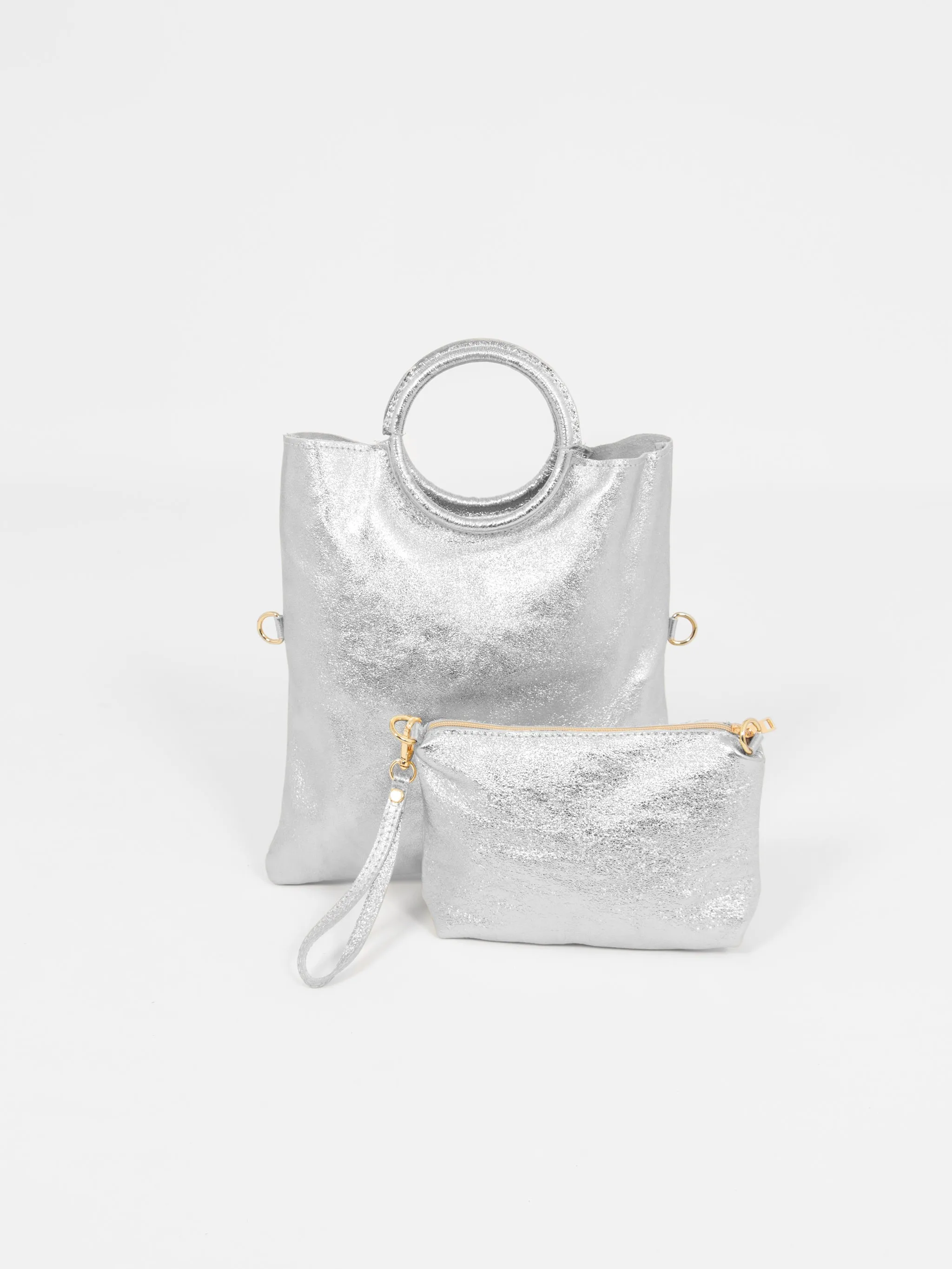 Rowan Italian Leather 2pc Crossbody Bag Set - Silver, Metallic