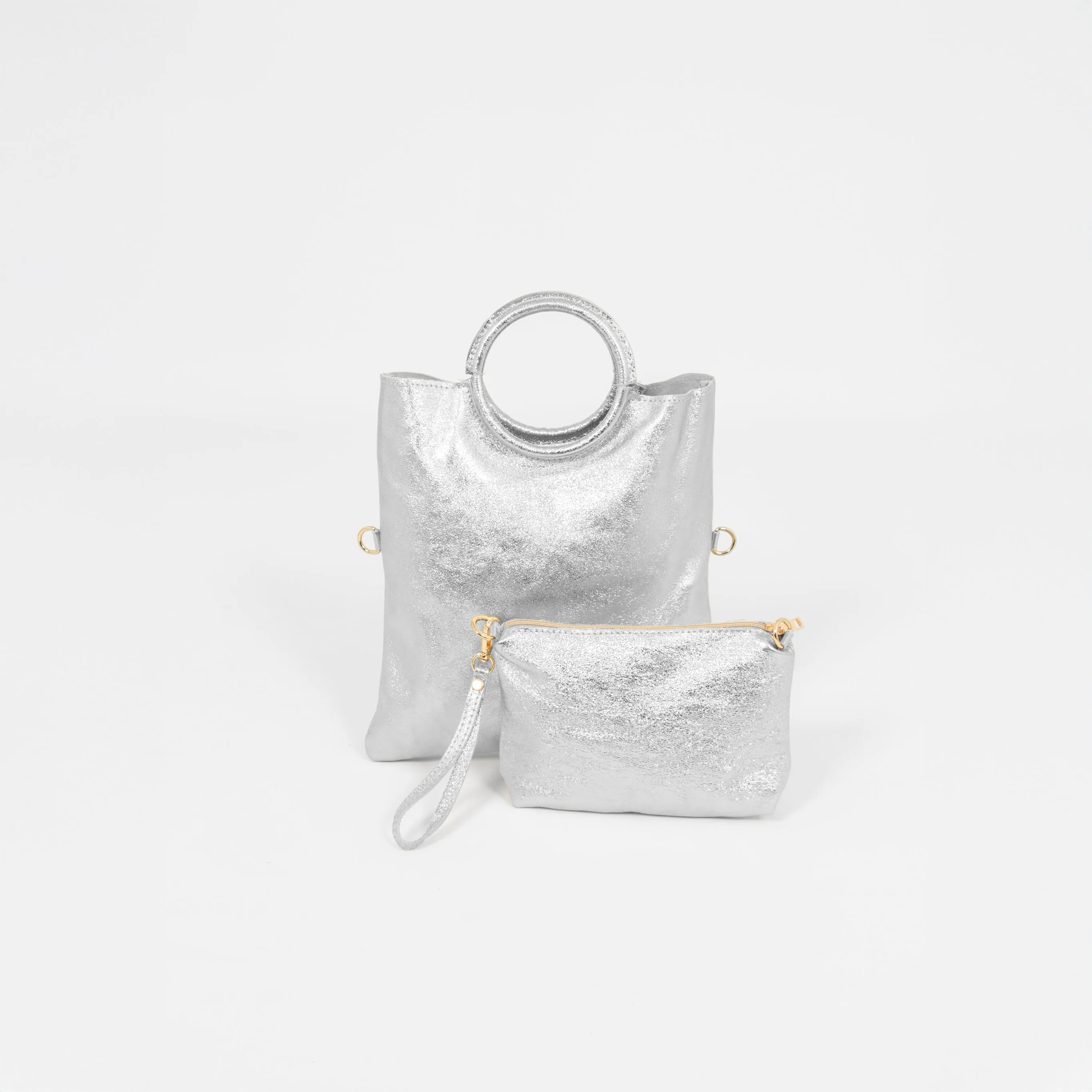 Rowan Italian Leather 2pc Crossbody Bag Set - Silver, Metallic