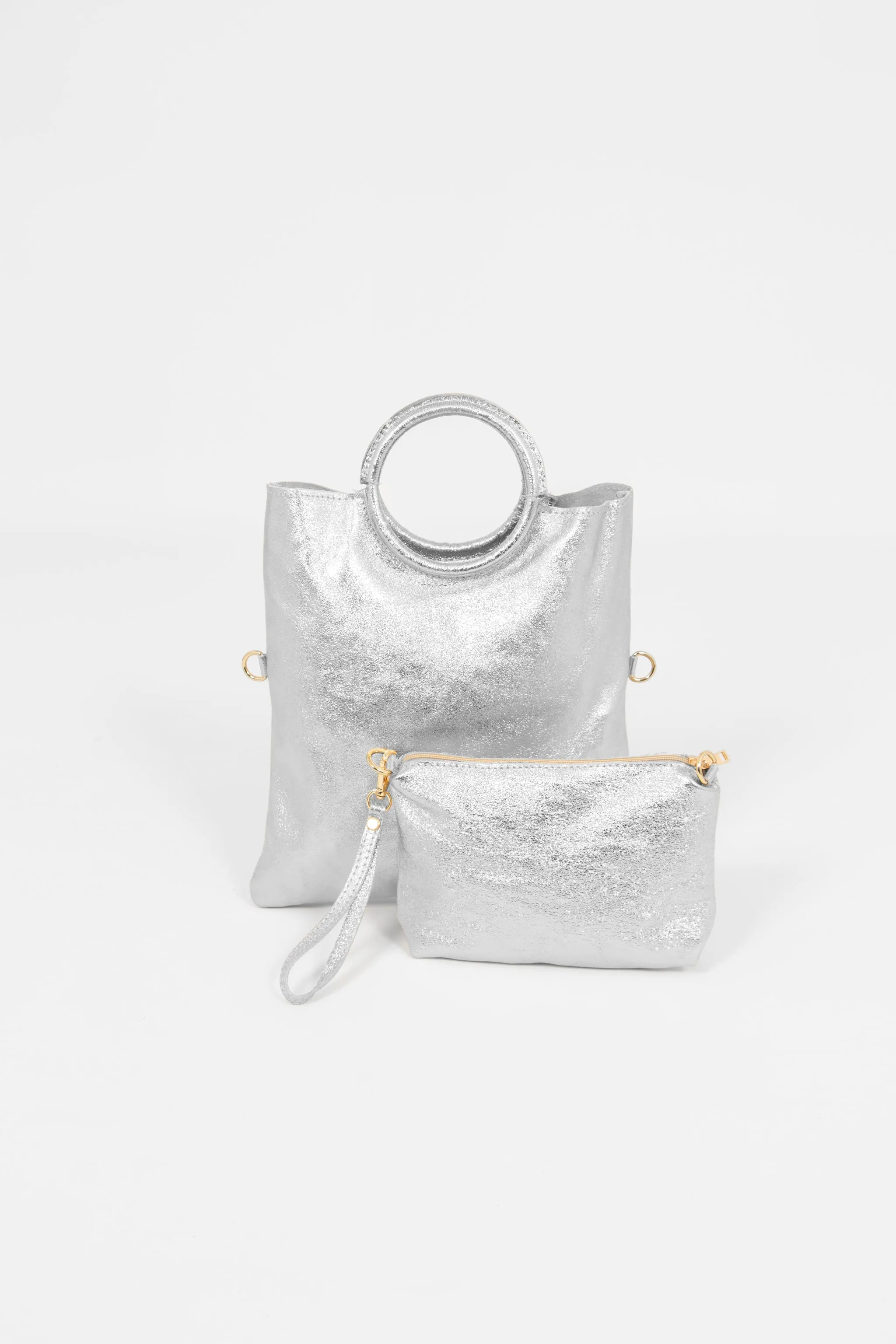 Rowan Italian Leather 2pc Crossbody Bag Set - Silver, Metallic