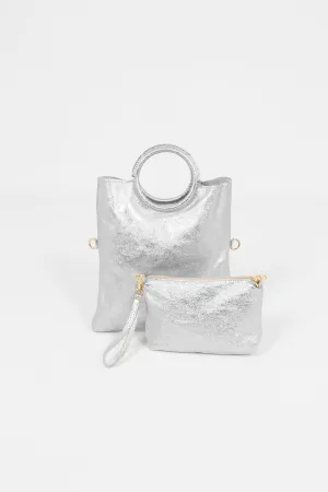 Rowan Italian Leather 2pc Crossbody Bag Set - Silver, Metallic