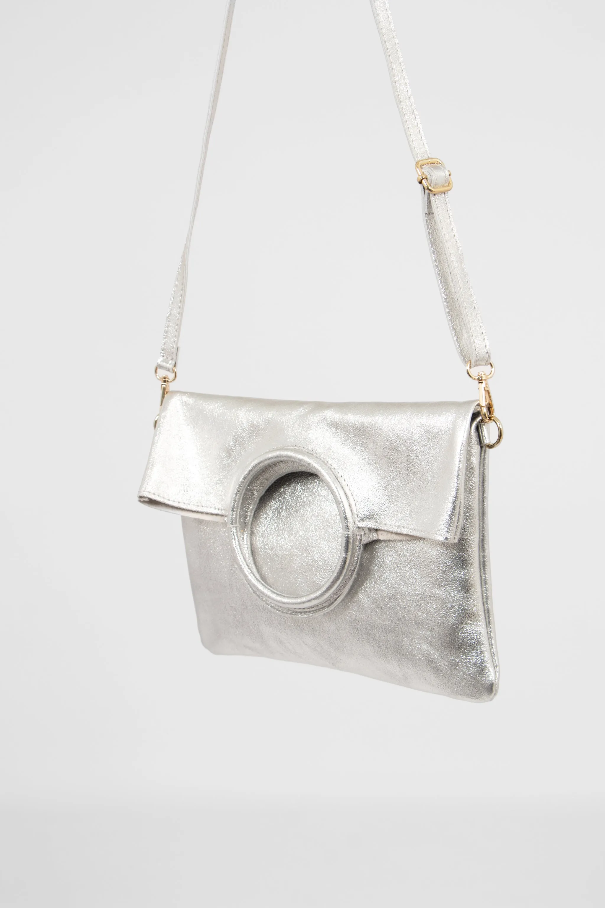 Rowan Italian Leather 2pc Crossbody Bag Set - Silver, Metallic