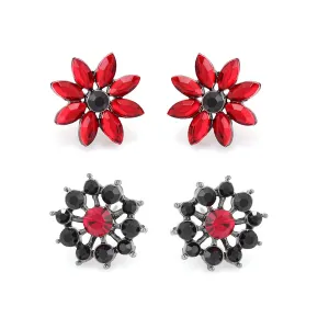 Set of 2 Black-Tone Metal Stud Earrings with Black and Red Stones #255RD3601 (1F7)