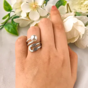 Silver Clip Pearl Adjustable Ring