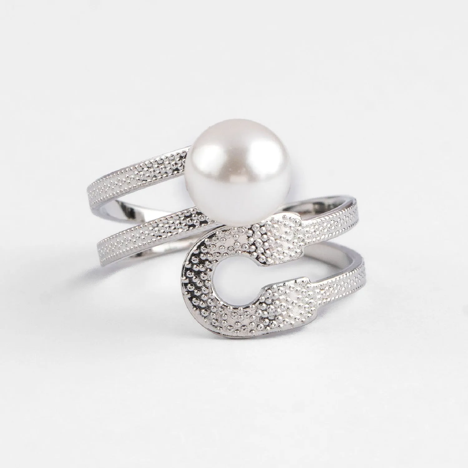 Silver Clip Pearl Adjustable Ring