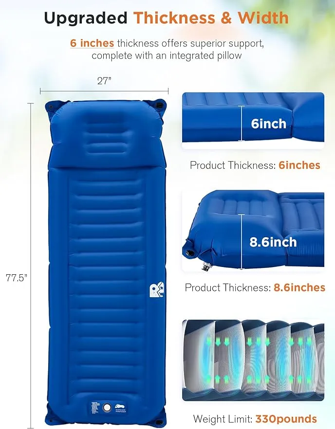 Sleeping Pad for Camping 6 Inches Thick Self Inflatable Ultra Lightweight Sleep Mat with Built-in Pillow ＆ Pump Compact for Backpacking Hiking Tent Travel w/Carrying Bag 77.5''LX27''W, Blue