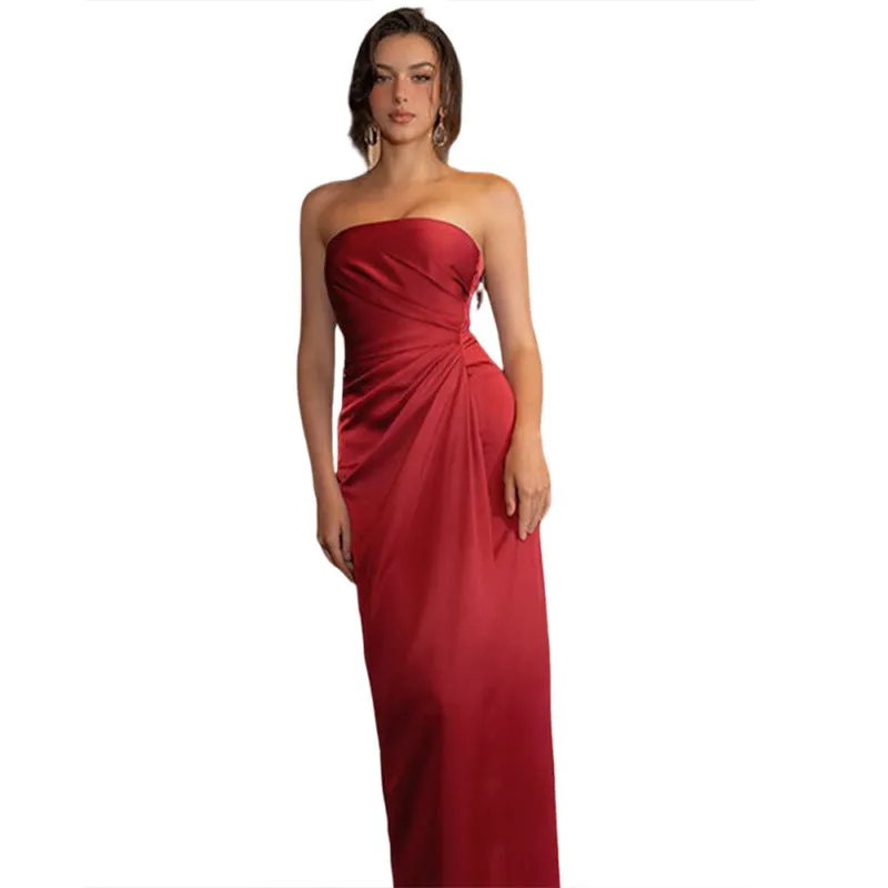 Sophisticated Strapless Satin Slim-Fit Evening Dress with Sleek Elegance