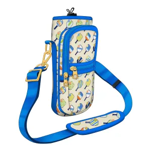 Sporty Pickleball-Themed Bottle Carrier with Blue Adjustable Strap