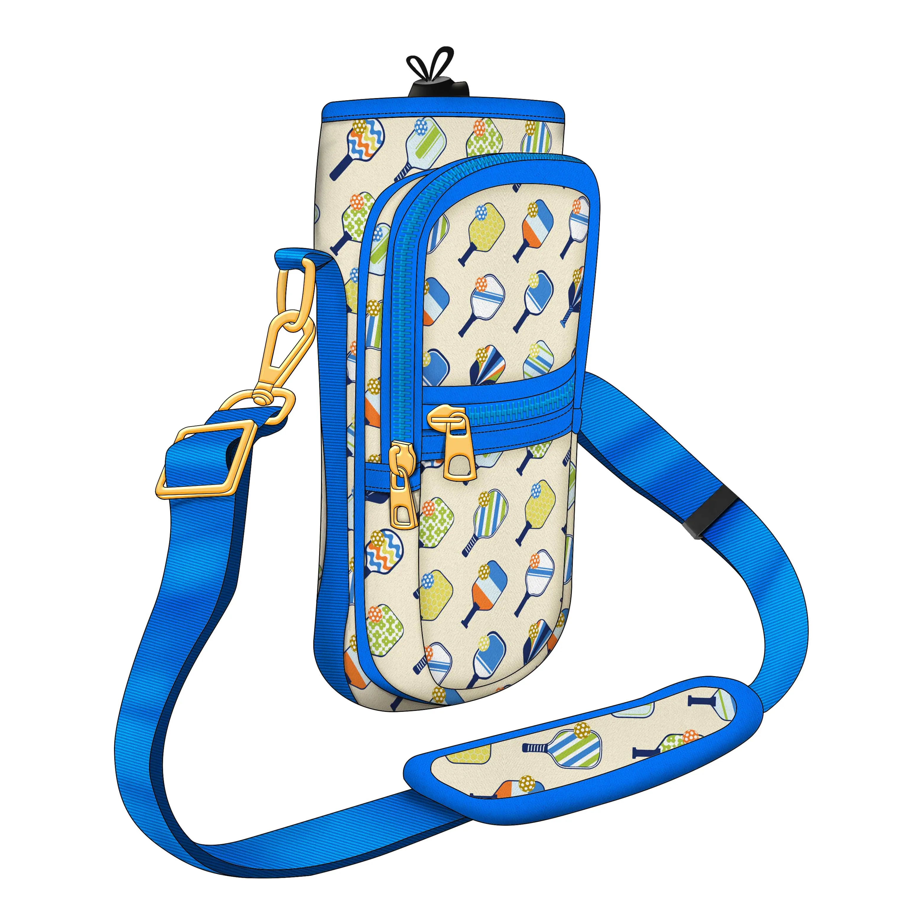 Sporty Pickleball-Themed Bottle Carrier with Blue Adjustable Strap