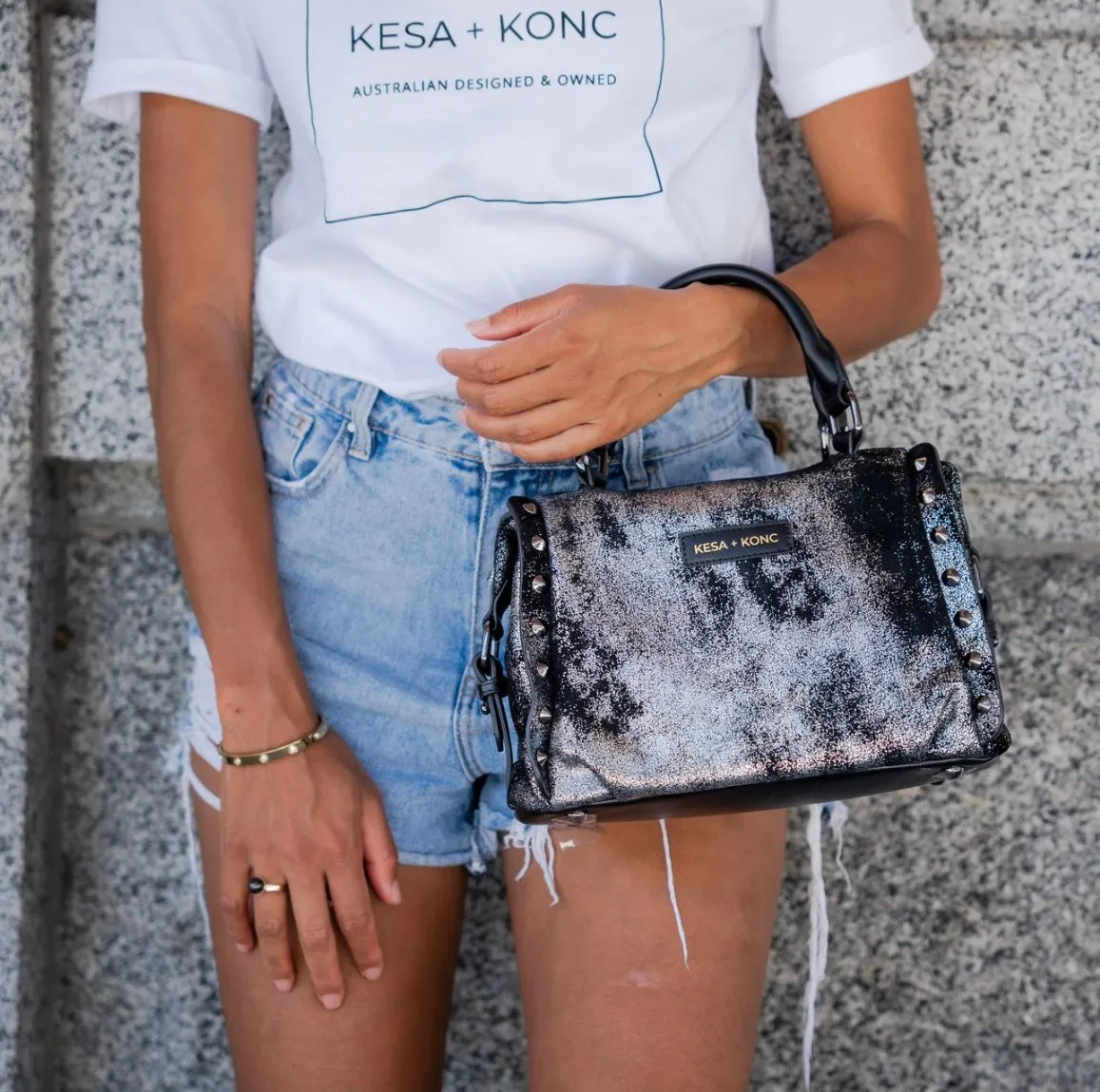 Star Gaze Studded Barrel bag - Gunmetal Leather