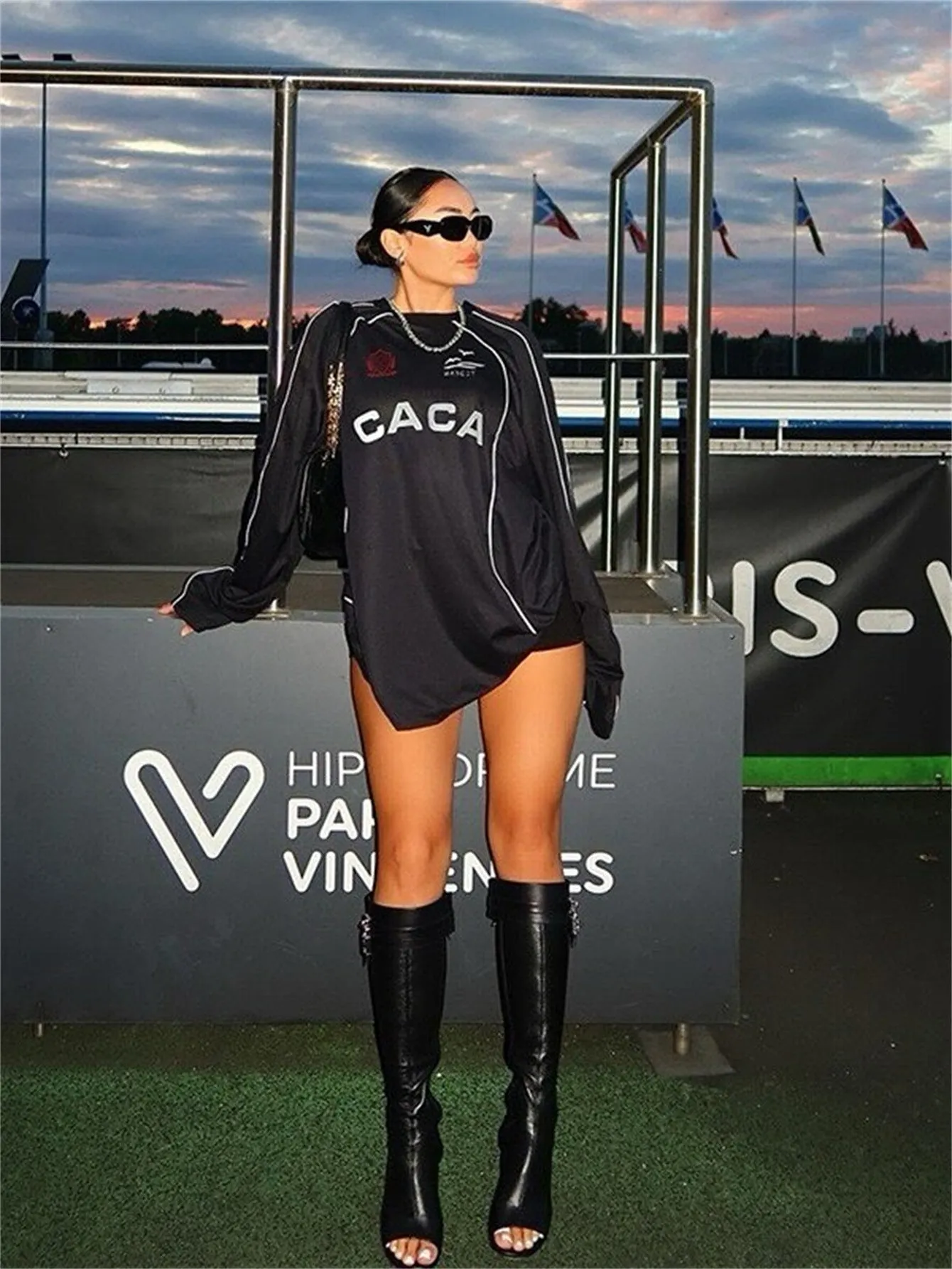 Street Style Oversized Long-Sleeve T-Shirt Dress with Graphic Print