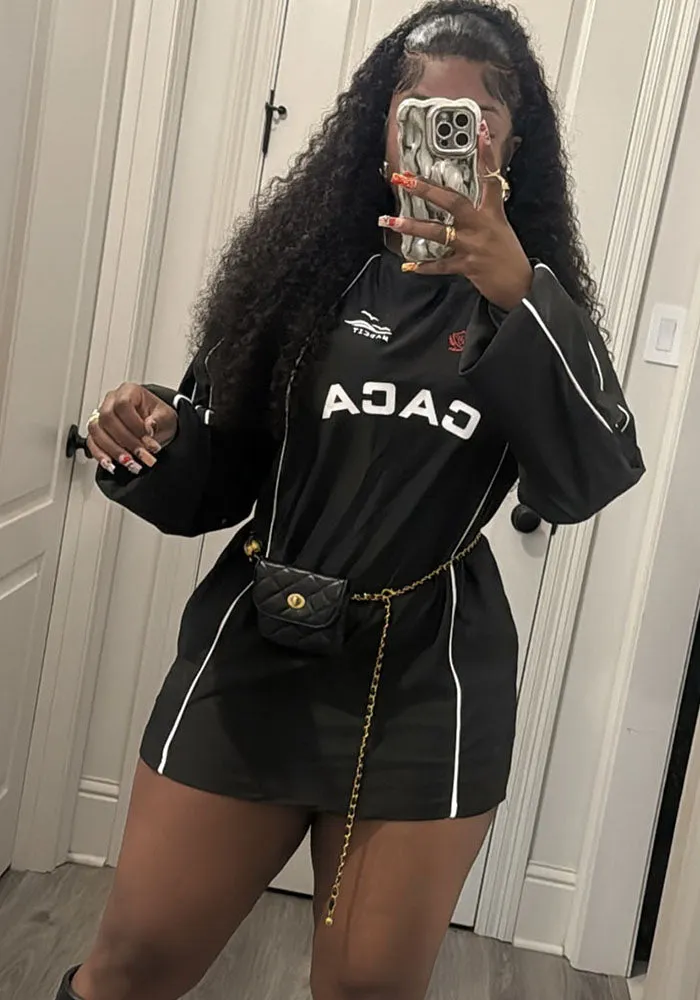 Street Style Oversized Long-Sleeve T-Shirt Dress with Graphic Print