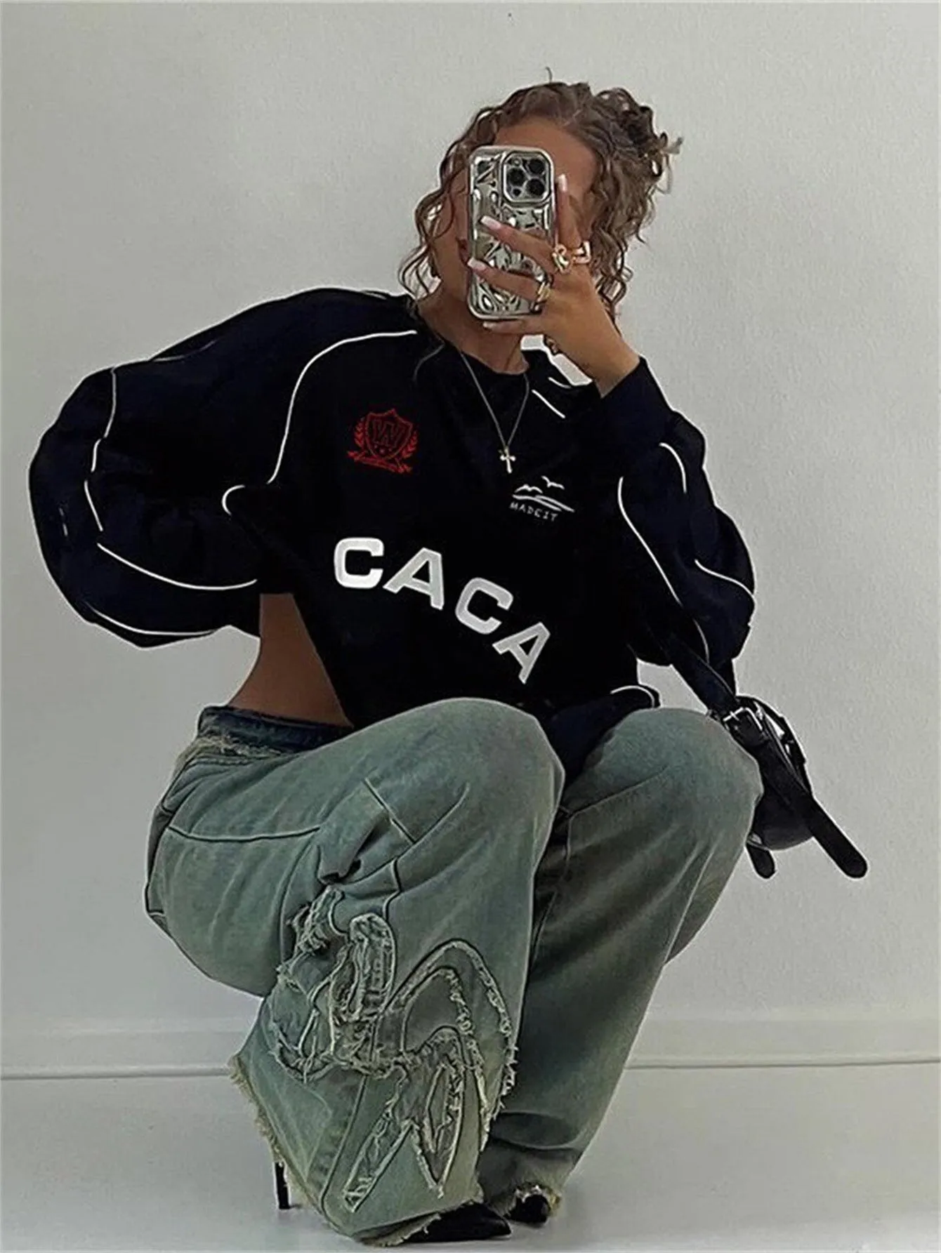 Street Style Oversized Long-Sleeve T-Shirt Dress with Graphic Print