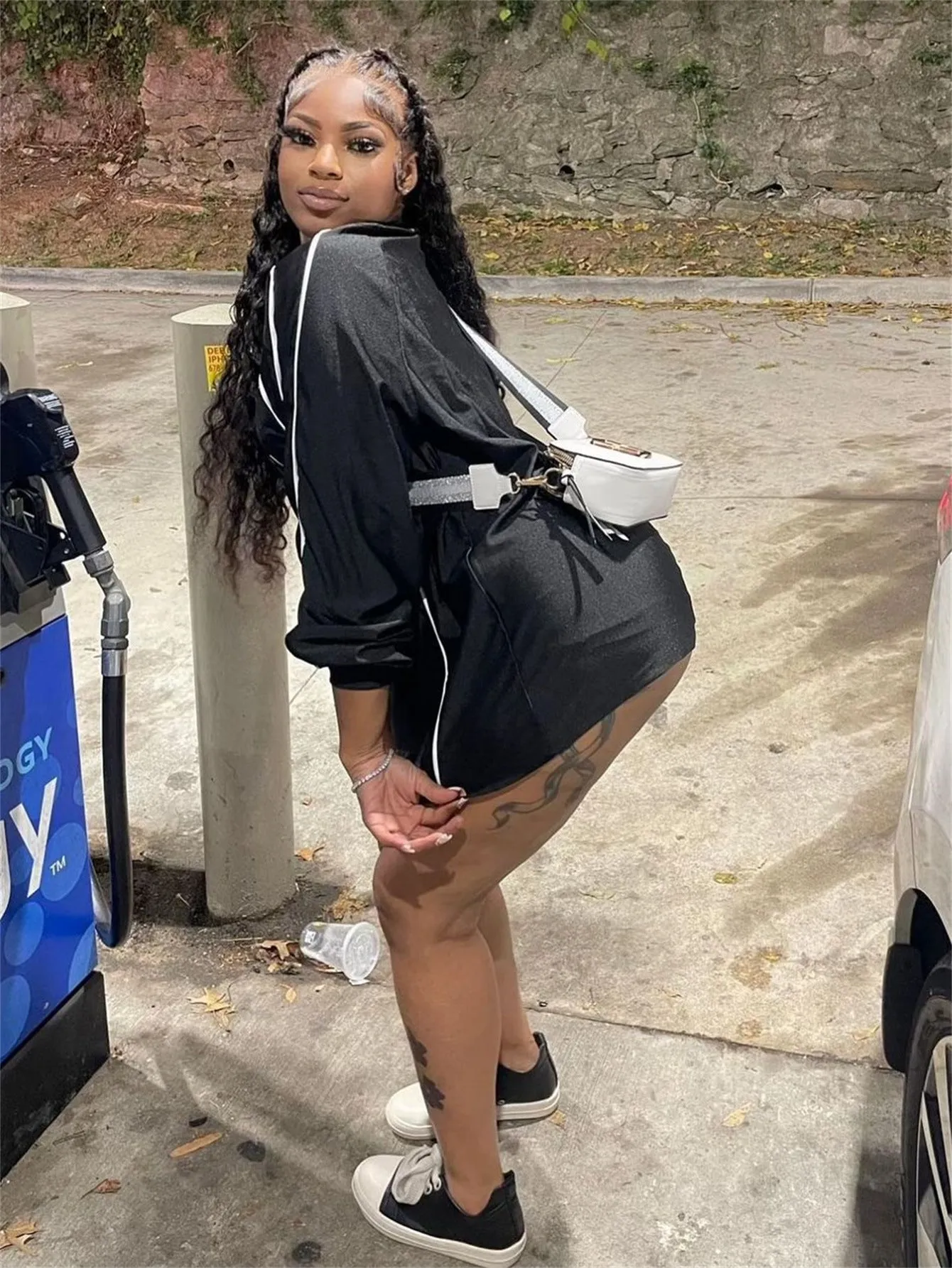 Street Style Oversized Long-Sleeve T-Shirt Dress with Graphic Print