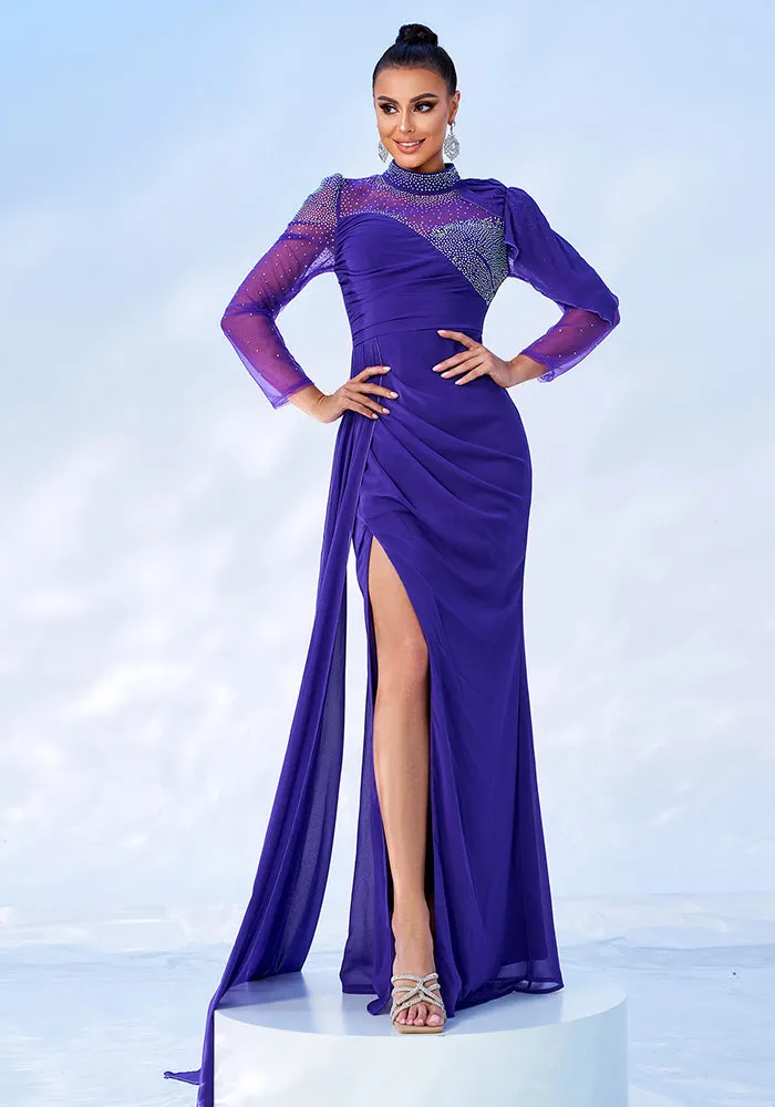 Stunning Long Sleeve Round Neck Beaded Mesh Fishtail Evening Gown for Timeless Glamour
