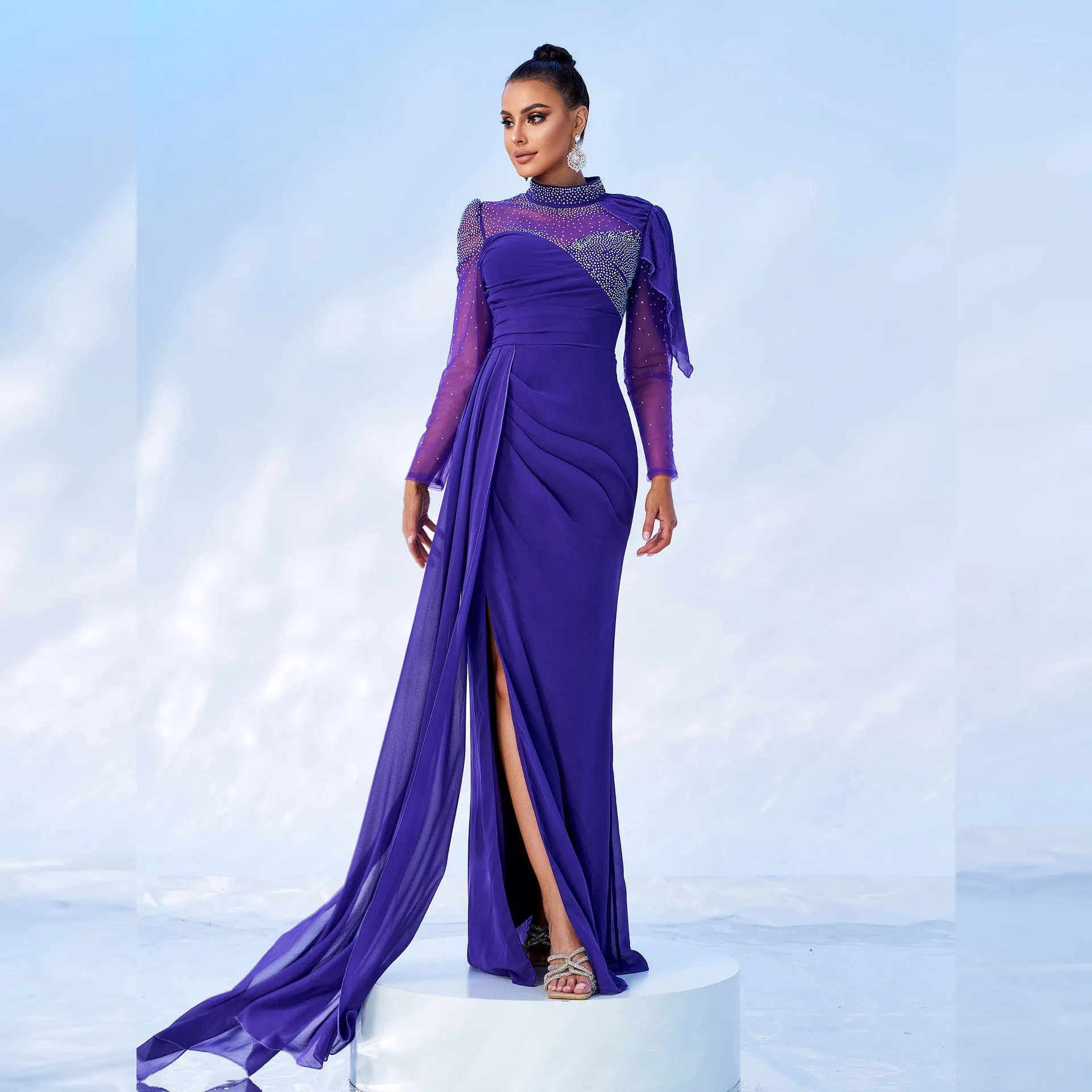 Stunning Long Sleeve Round Neck Beaded Mesh Fishtail Evening Gown for Timeless Glamour