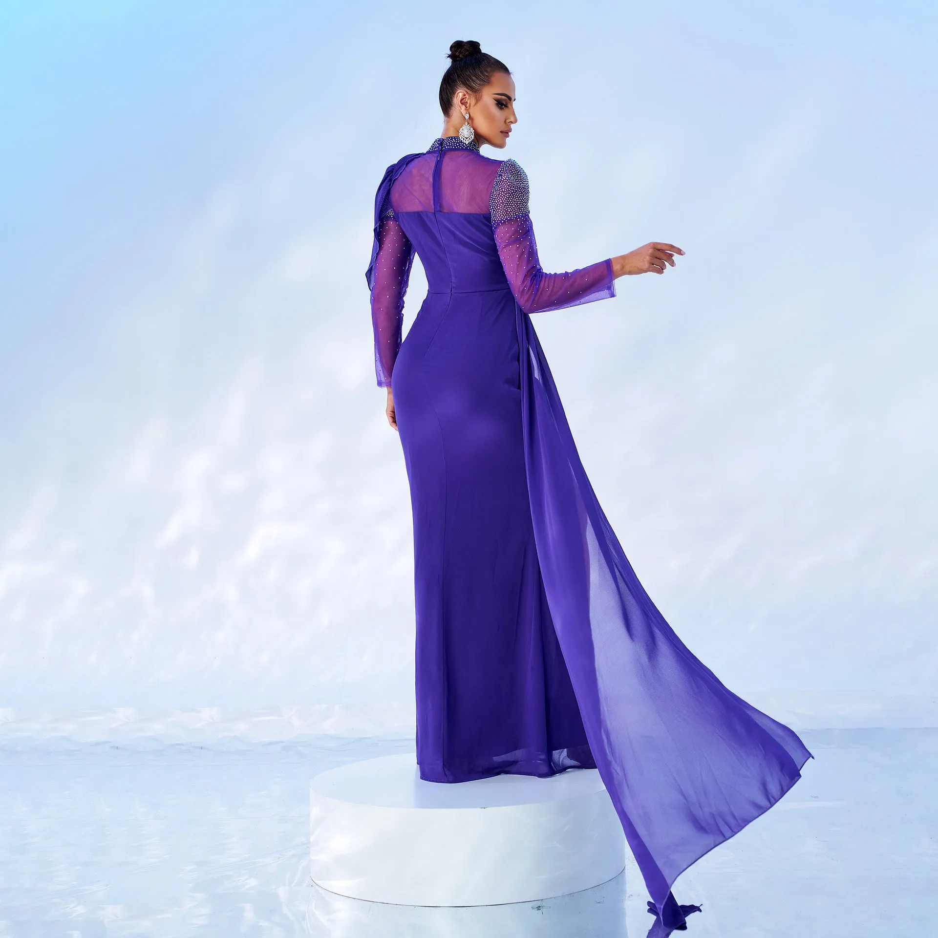 Stunning Long Sleeve Round Neck Beaded Mesh Fishtail Evening Gown for Timeless Glamour