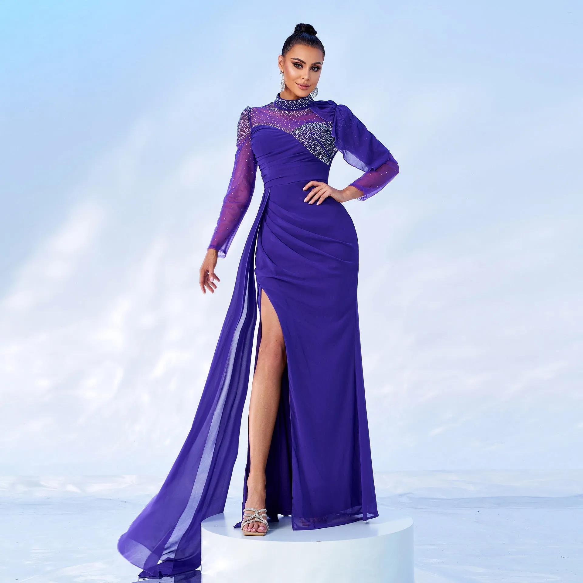 Stunning Long Sleeve Round Neck Beaded Mesh Fishtail Evening Gown for Timeless Glamour