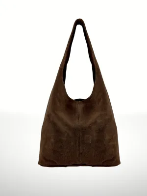 Suede Leather Hobo Bag in Chocolate