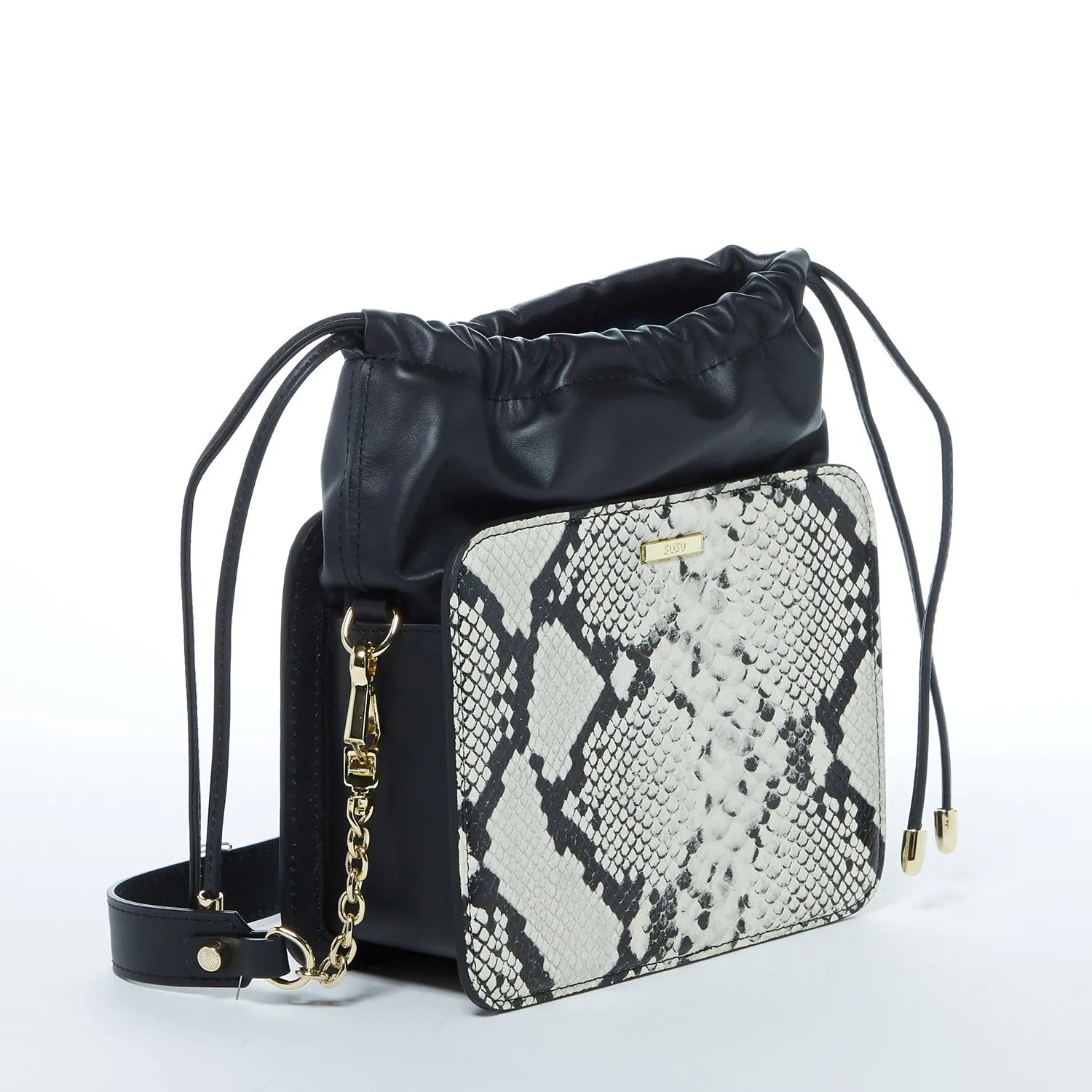 SUSU The Patricia Black Leather Bucket Bag Snakeskin Design