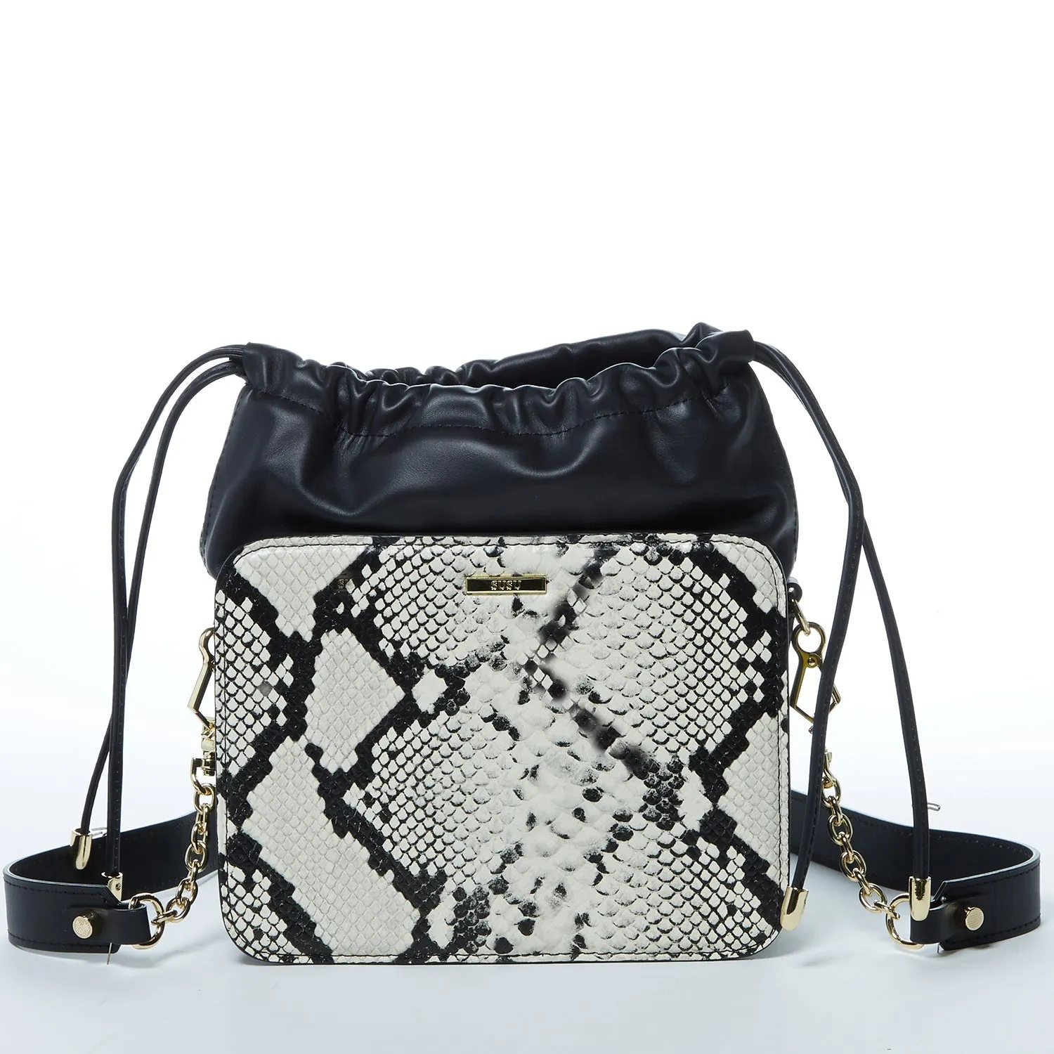 SUSU The Patricia Black Leather Bucket Bag Snakeskin Design