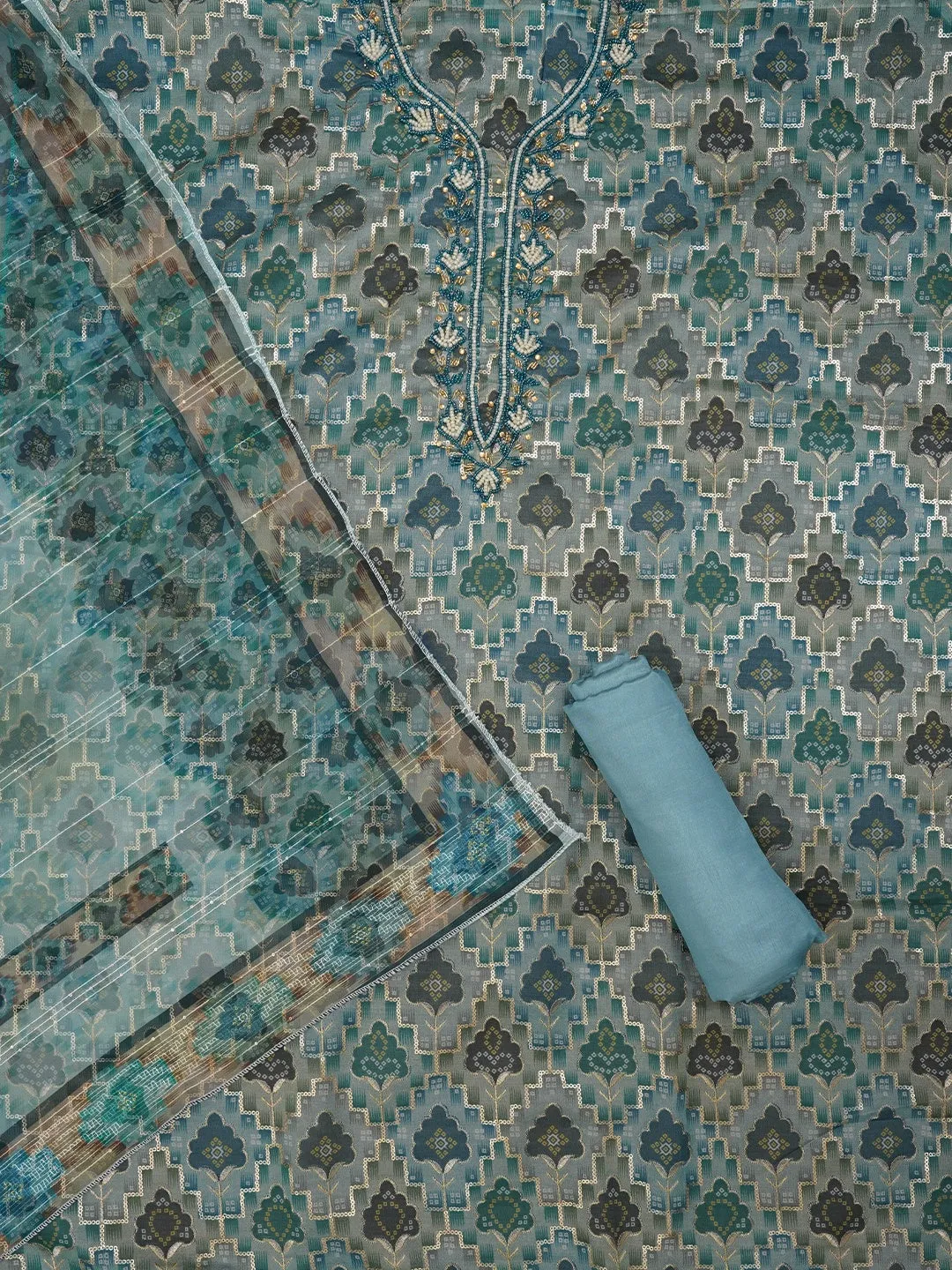 Teal Ethnic Sequin Embroidered Organza Dress Material with Dupatta