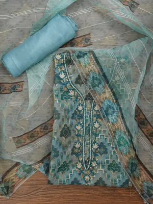 Teal Ethnic Sequin Embroidered Organza Dress Material with Dupatta