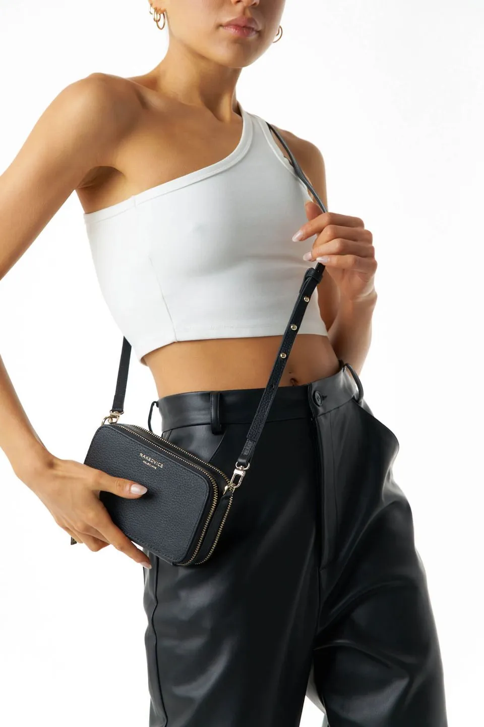 The Kiki Gold Double Zip Mini Crossbody Bag Black Leather