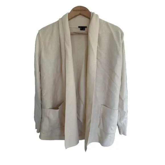 Theory Women's Wool Cream Open Cardigan Pockets Medium Lagenlook Minimalist