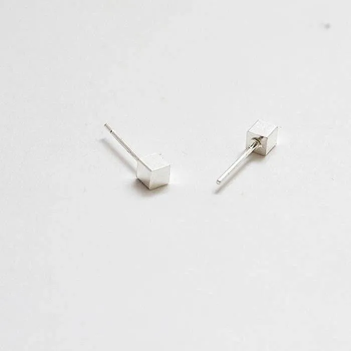 Tiny Silver Cube Square Earrings - Imperfect
