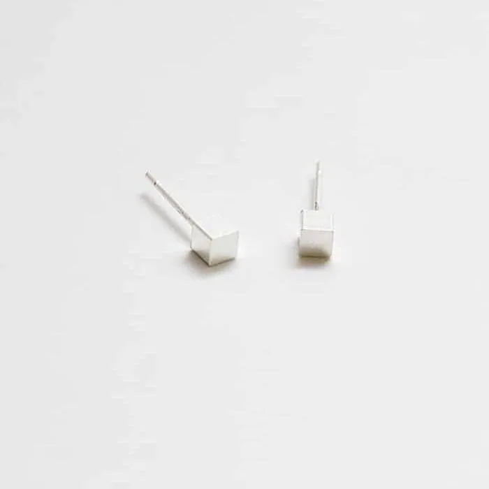 Tiny Silver Cube Square Earrings - Imperfect