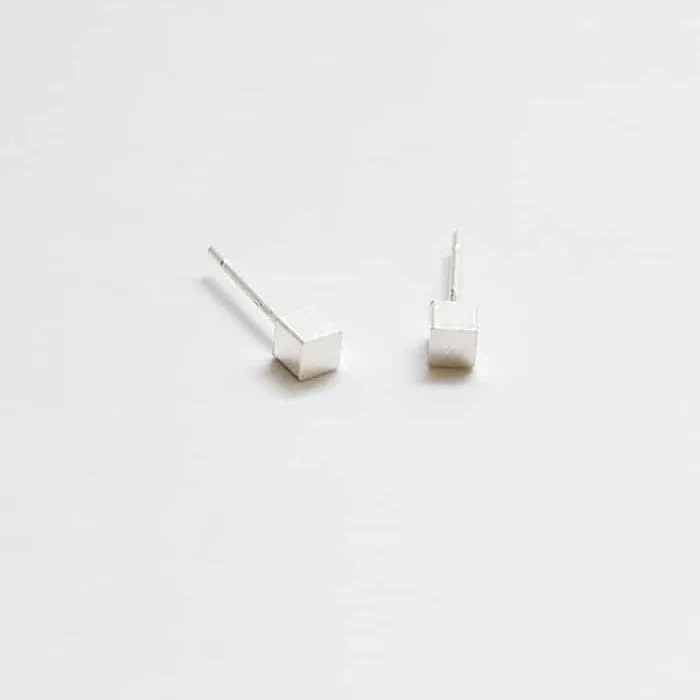 Tiny Silver Cube Square Earrings