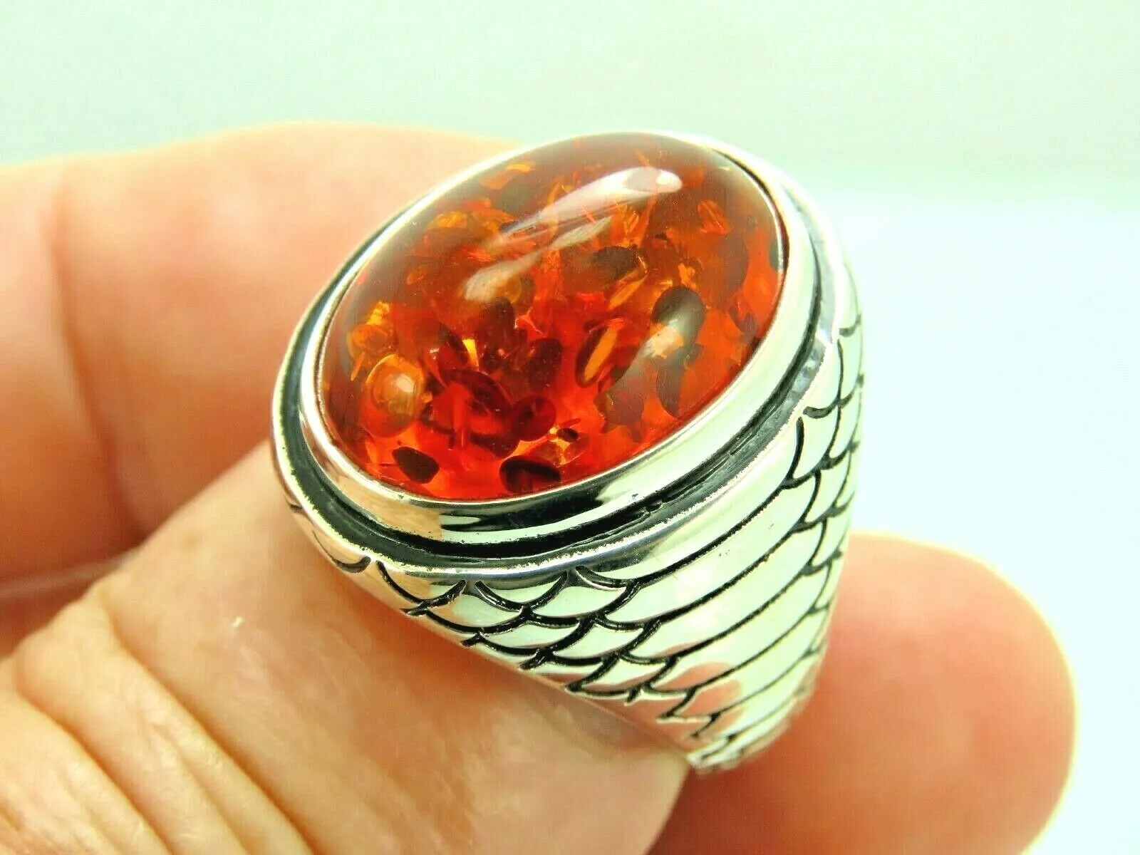 Turkish Handmade Jewelry 925 Sterling Silver Amber Stone Mens Rings