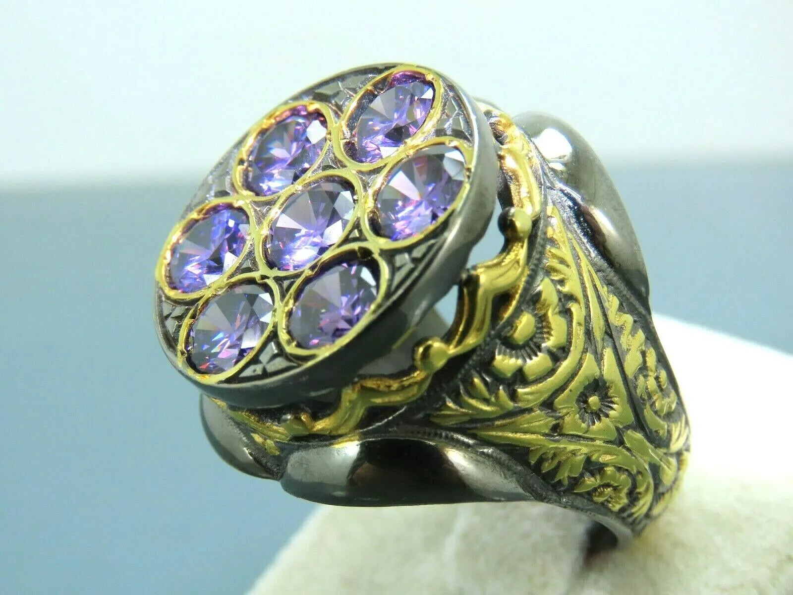 Turkish Handmade Jewelry 925 Sterling Silver Amethyst Stone Engraved Mens Rings