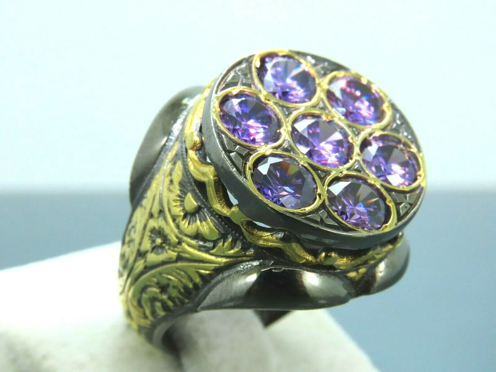 Turkish Handmade Jewelry 925 Sterling Silver Amethyst Stone Engraved Mens Rings