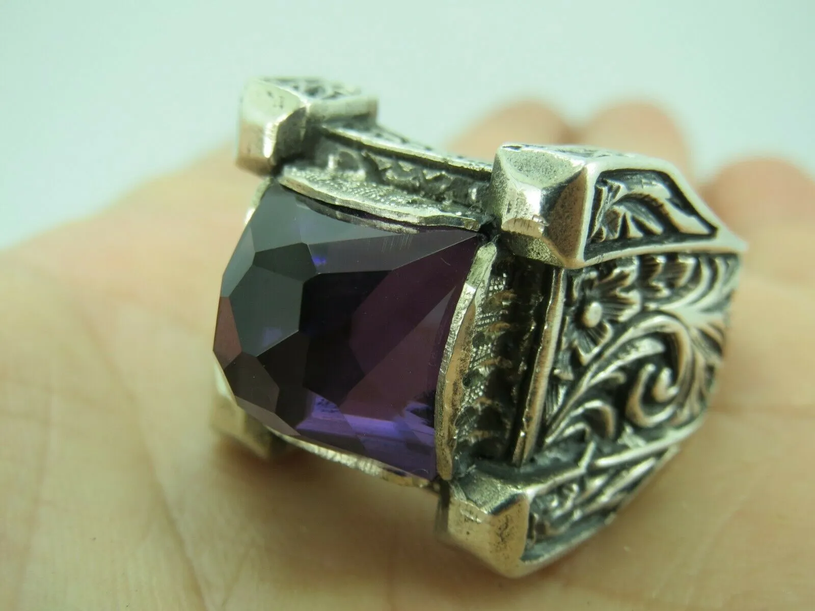 Turkish Handmade Jewelry 925 Sterling Silver Amethyst Stone Engraved Mens Rings