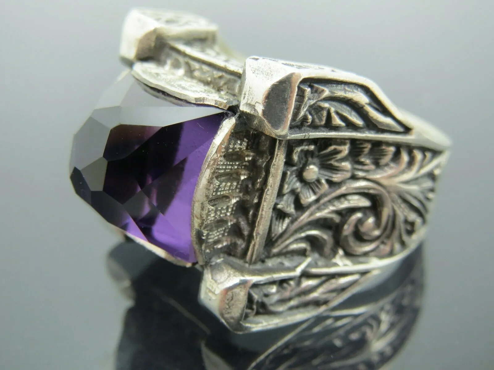 Turkish Handmade Jewelry 925 Sterling Silver Amethyst Stone Engraved Mens Rings