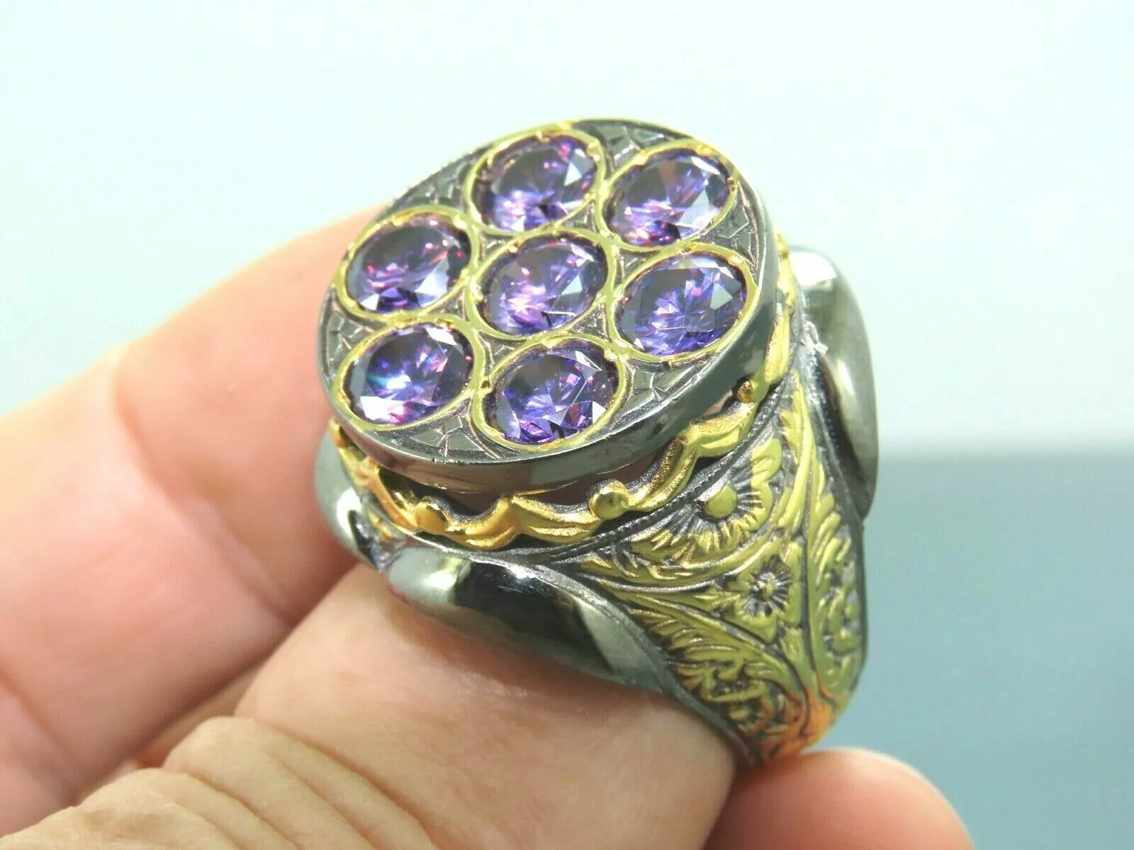 Turkish Handmade Jewelry 925 Sterling Silver Amethyst Stone Engraved Mens Rings