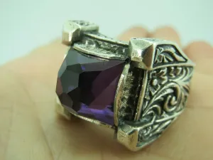 Turkish Handmade Jewelry 925 Sterling Silver Amethyst Stone Engraved Mens Rings