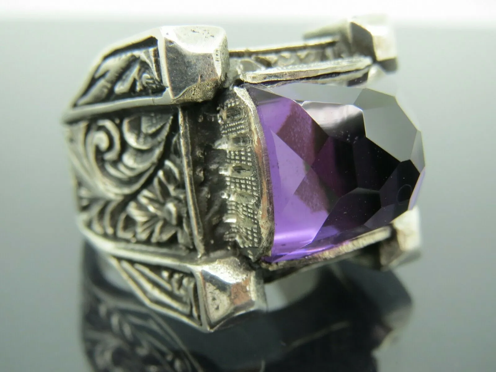 Turkish Handmade Jewelry 925 Sterling Silver Amethyst Stone Engraved Mens Rings