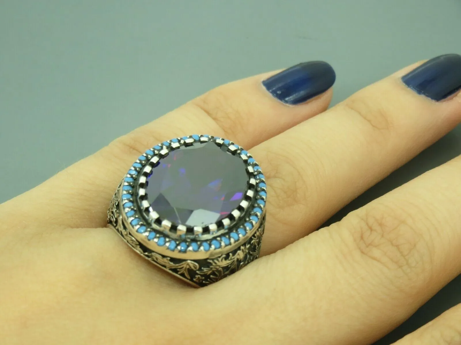 Turkish Handmade Jewelry 925 Sterling Silver Amethyst Stone Men's Rings