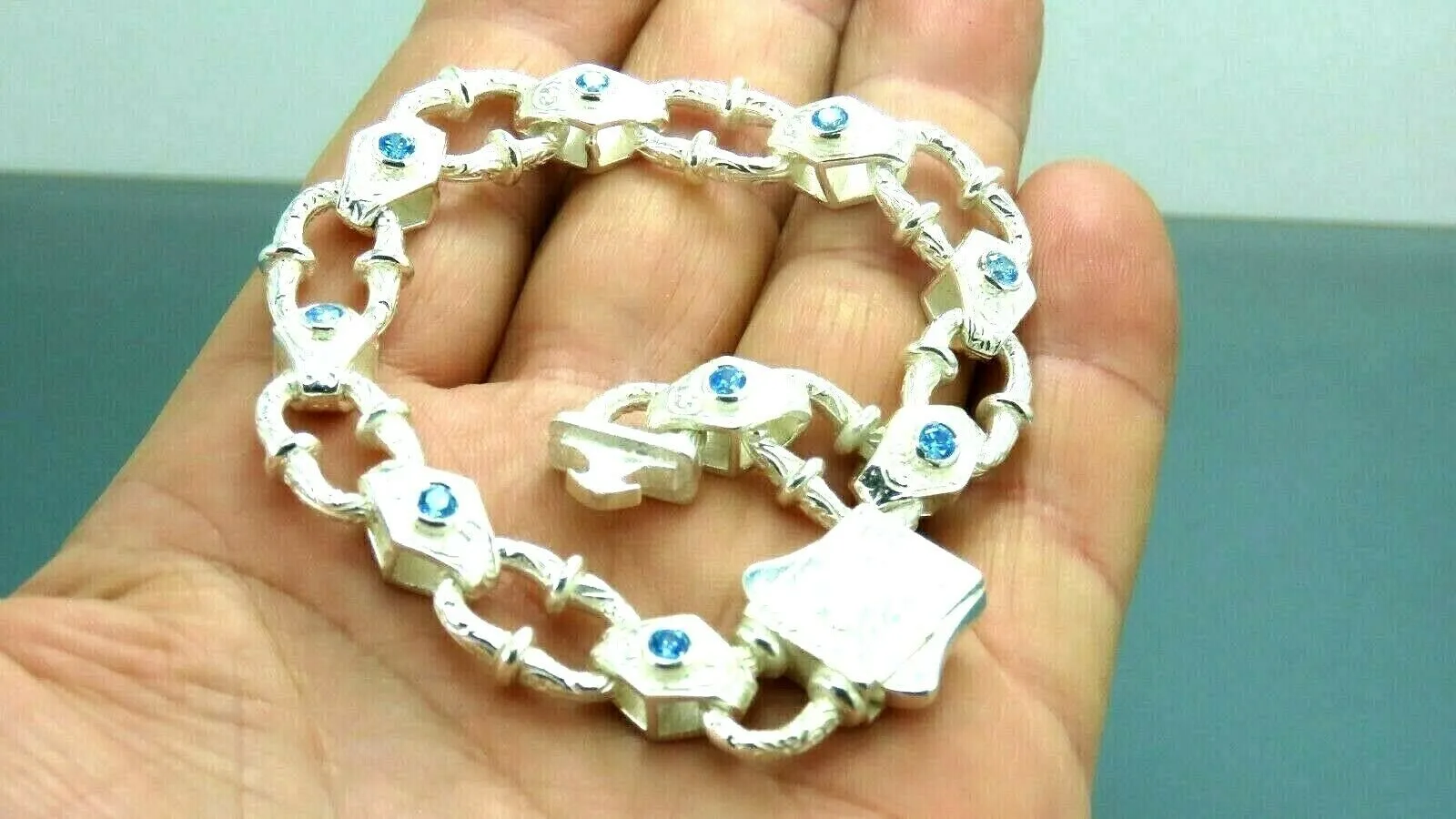 Turkish Handmade Jewelry 925 Sterling Silver Aquamarine Stone Mens Bracelets